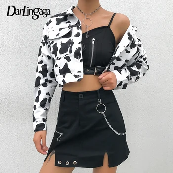 

Darlingaga Streetwear Cow Print Cropped Female Jacket Casual Buttons Coat Women Cardigan Spring Autumn Basic Jackets Outwear New