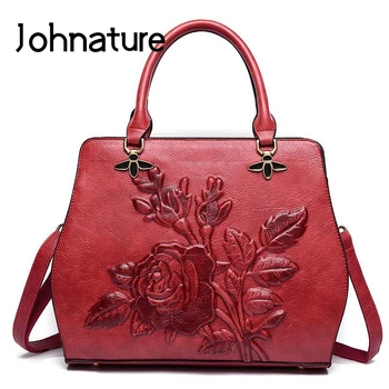 

Johnature Retro Embossed Women Bag 2020 New Chinese Style Flower Luxury Handbag Lady Leather Shoulder Bag Large Casual Tote