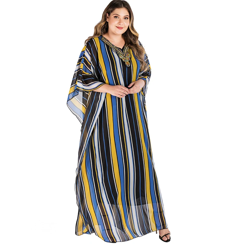 Мусульманская женская одежда abaya, комплект из бисера, Модное шифоновое платье с v-образным вырезом и принтом, Дубай, Турция, женское платье большого размера