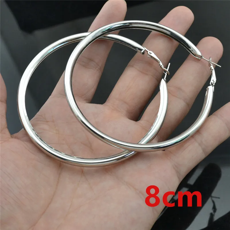 Silver diameter 8cm Простой серебряный золотой большой круг обруч серьги для женщин Диаметр 3-9 см индивидуальность Панк tide модели дикие Молодежные женские серьги - Окраска металла: Silver diameter 8cm