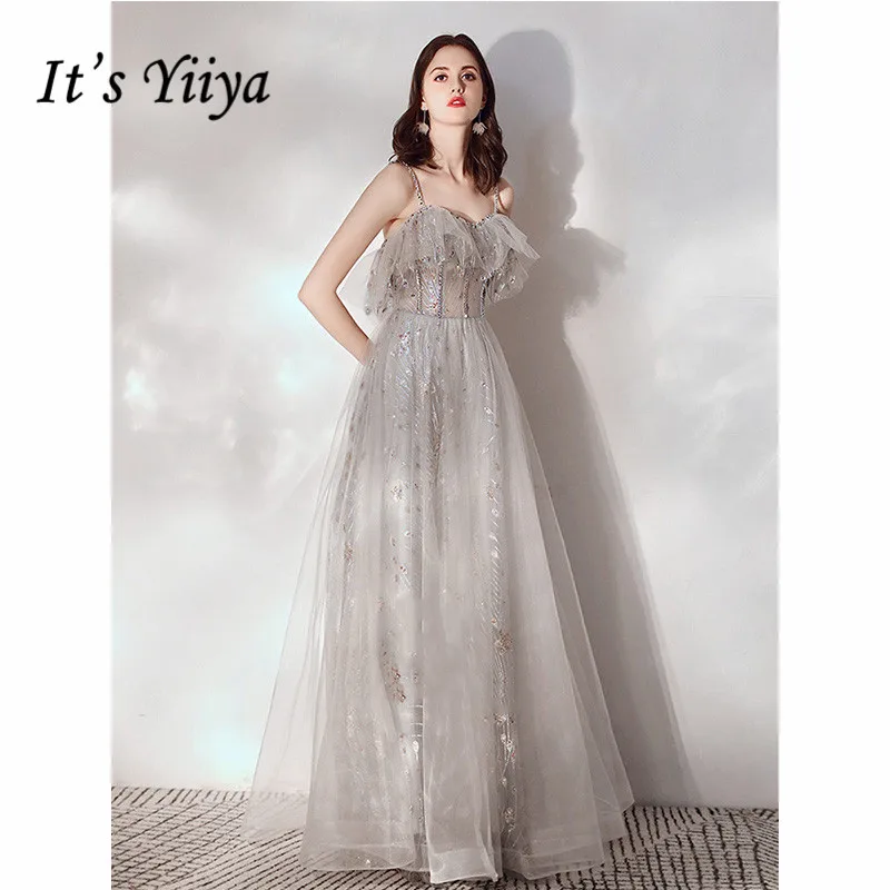

It's Yiiya Evening Dress 2019 Sleeveless Spaghetti Strap Elegant Long A-Line Dresses Sequins Illusion Party Robe de Soiree E1084