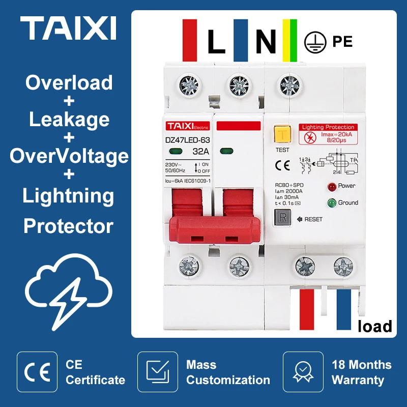 Disjuntor de Corrente Residual Spd com Sobrecarga Rcd Rcbo Rccb com Proteção contra Raios Mcb Vazamento Surge Protector