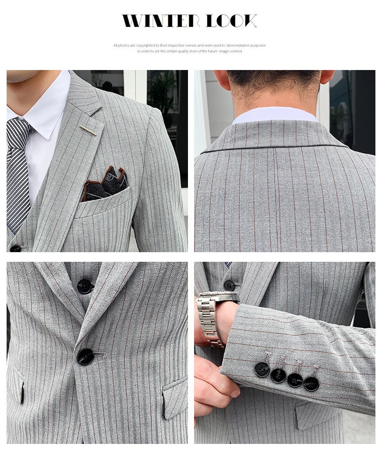 Высокое качество мужские модные облегающие костюмы деловые повседневные Костюмы шафера 3 шт свадебный полосатый костюм пиджак жилет брюки наборы