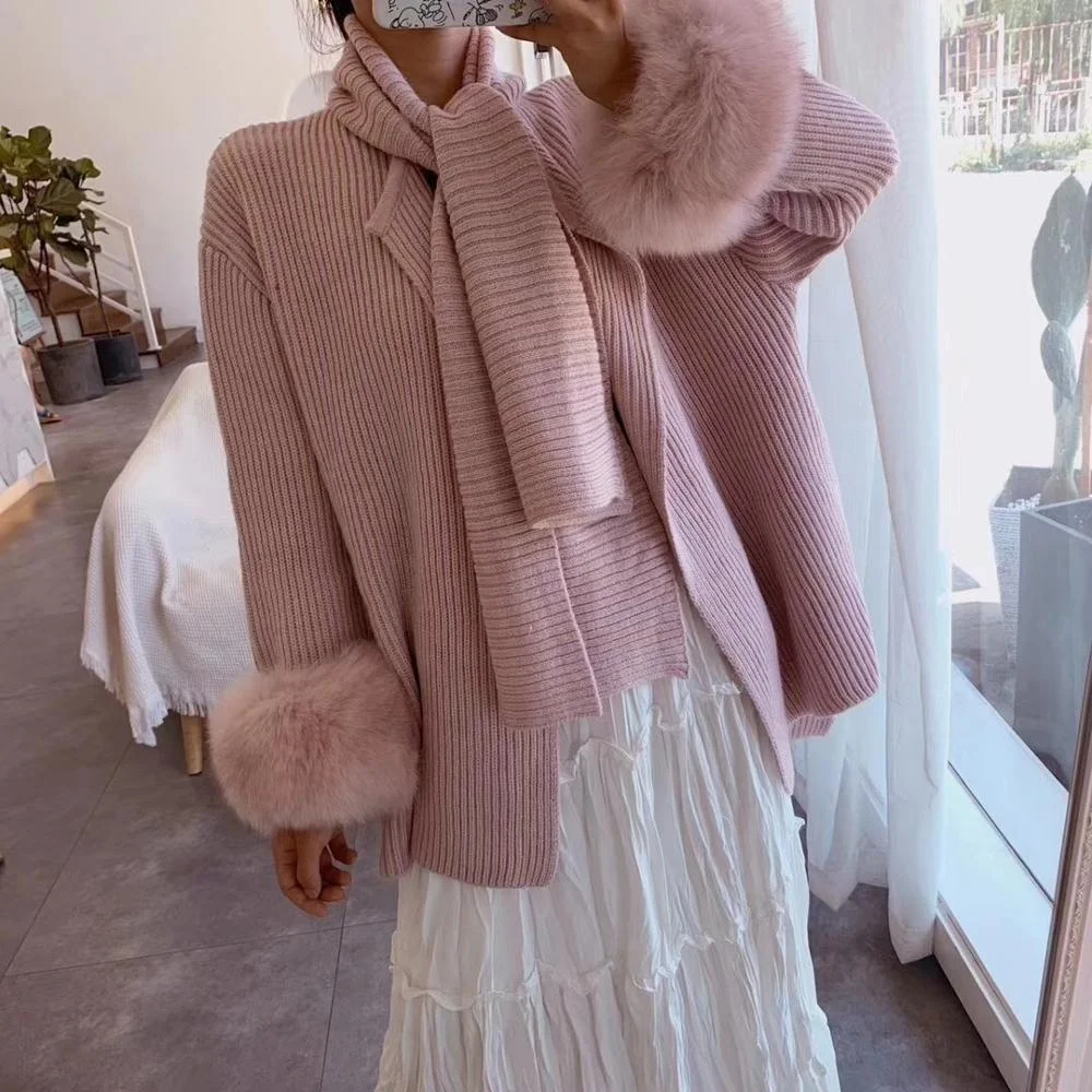 

Sweet Street-Style apparel fox fur cuff knitted jacket women loose pink cardigan soft scarf collar chic autumn wool sweater