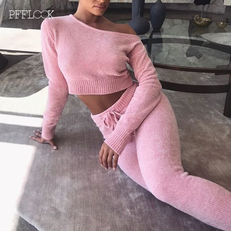 Pink PFFLOOK осенний Женский комплект из 2 предметов, зимняя одежда, элегантный Однотонный свитер, уличная одежда, одинаковые комплекты, повседневный флисовый комплект из двух предметов - Цвет: Pink