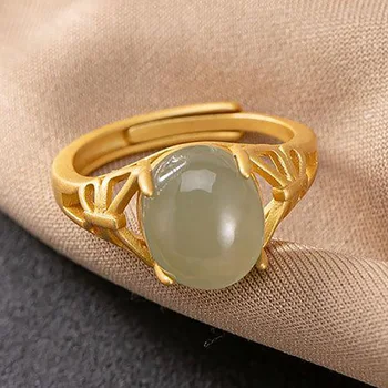 

Original design SNew silver inlaid natural Hetian jade Chinese retro temperament hollow pattern opening adjustable women ring