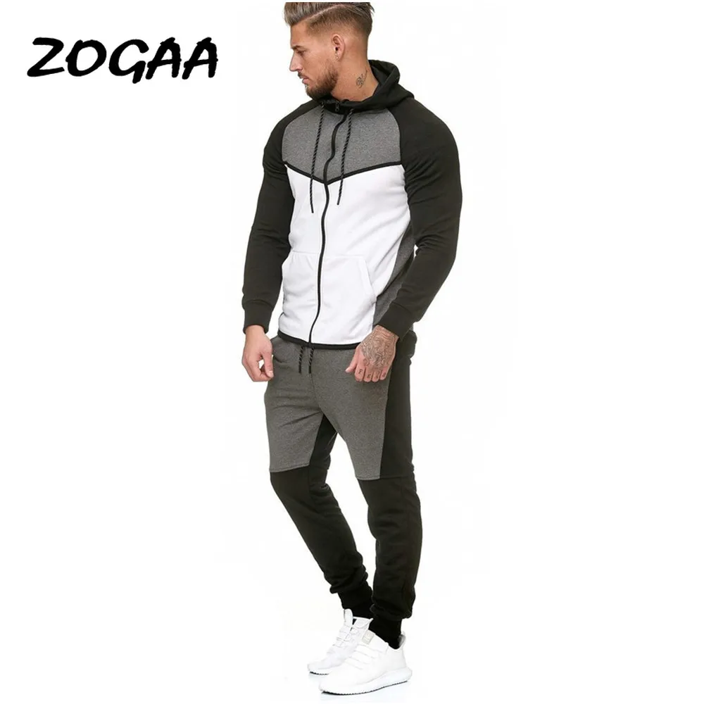 

ZOGAA autumn and winter men's stitching fleece sweater sweater pants suit outdoor sports leisure solid color suit