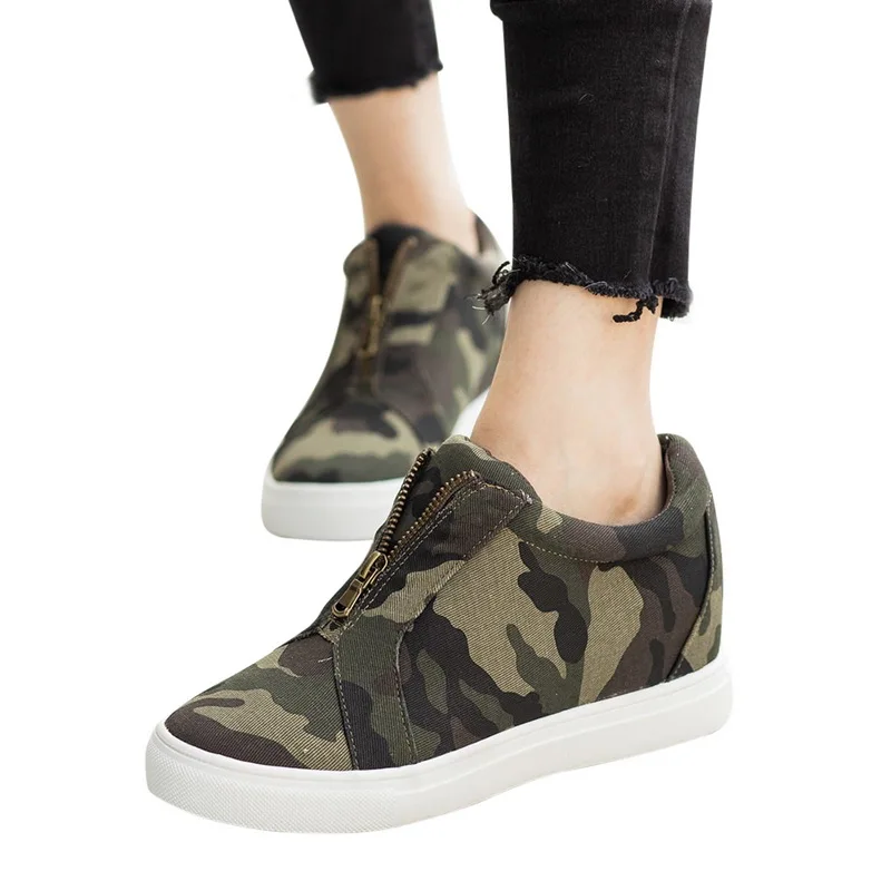 Puimentiua/Новое поступление; женские повседневные кроссовки из флока на высоком каблуке; дышащая обувь на платформе, увеличивающая рост - Цвет: camouflage 2