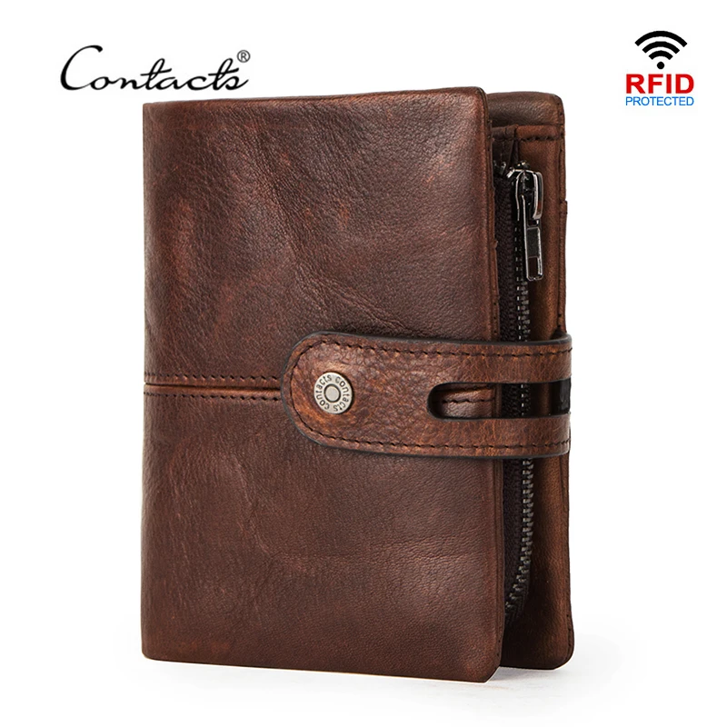 

CONTACT'S NEW Crazy Horse Leather Wallet Men Coin Purse Casual Card Holder Small Billfold for Man High Quality Male Wallets RFID