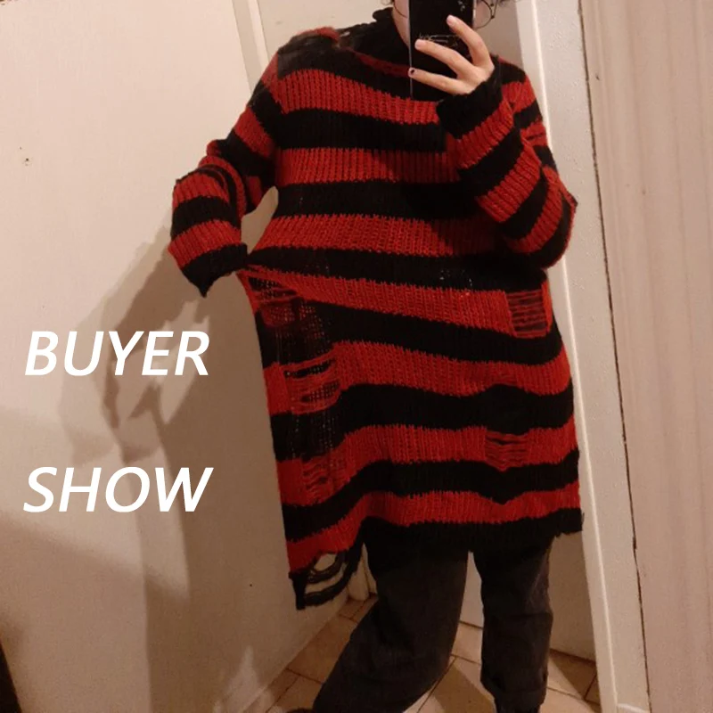 Rosetic Gothic Sweater Women Long Pullover Striped Loose Befree Winter Jackets Hole Sweaters Knitted Jumpers Sweter Mujer jersey Rosetic Gothic Sweater Women Long Pullover Striped Loose Befree Winter Jackets Hole Sweaters Knitted Jumpers Sweter Mujer jersey