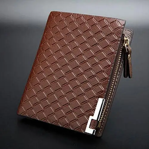 

Men's Short Faux Leather Tartan Pattern Zipper Wallet Card Money Clutch Billfold