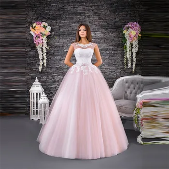 

Sheer Lace Appliques Ball Gown Wedding Dresses Lace Up Back Floor Length Custom Made Bridal Gowns Princess Long Bride Gowns