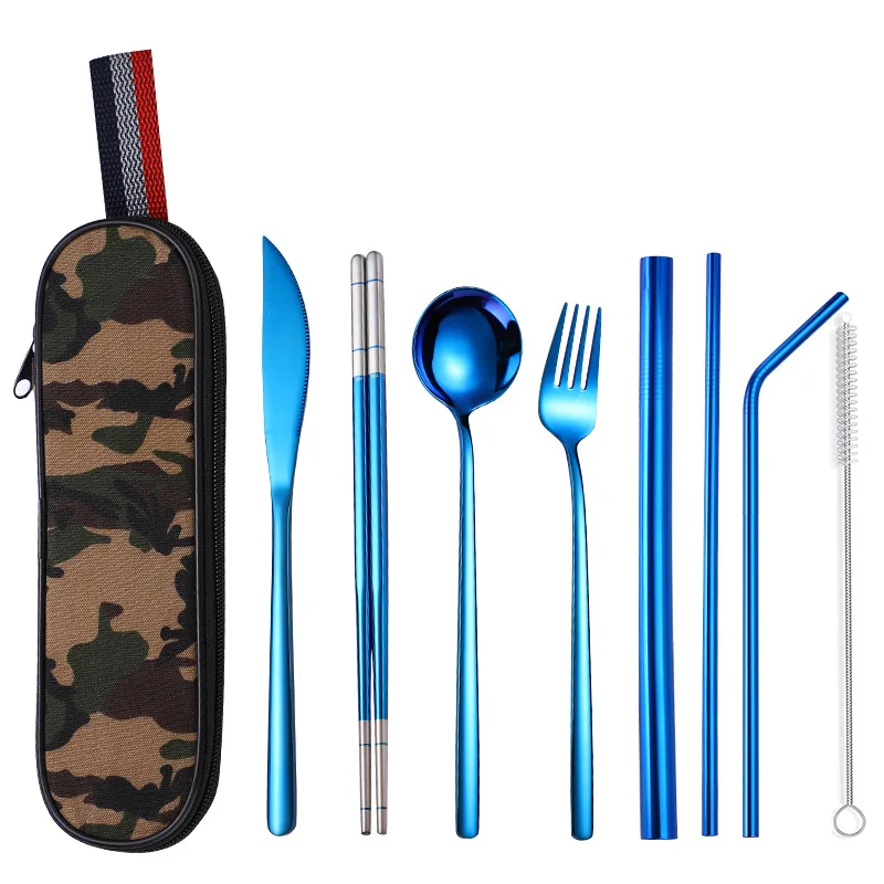 8pcs jl blue Нержавеющая сталь столовая посуда портативный набор столовых приборов нож ложка Вилка палочки для еды соломенная упаковка ткани столовые приборы работа путешествия набор столовых приборов - Цвет: 8pcs jl blue