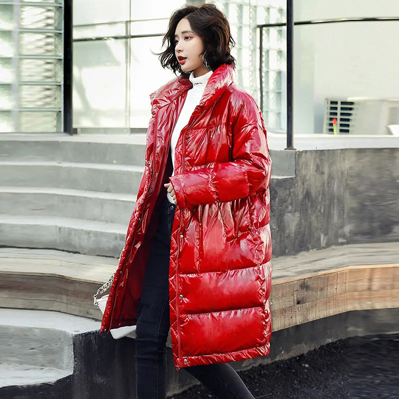Красный пуховик женский корейский стоячий воротник длинное плотное зимнее пальто женский модный ветрозащитный Теплый пуховик женский 56