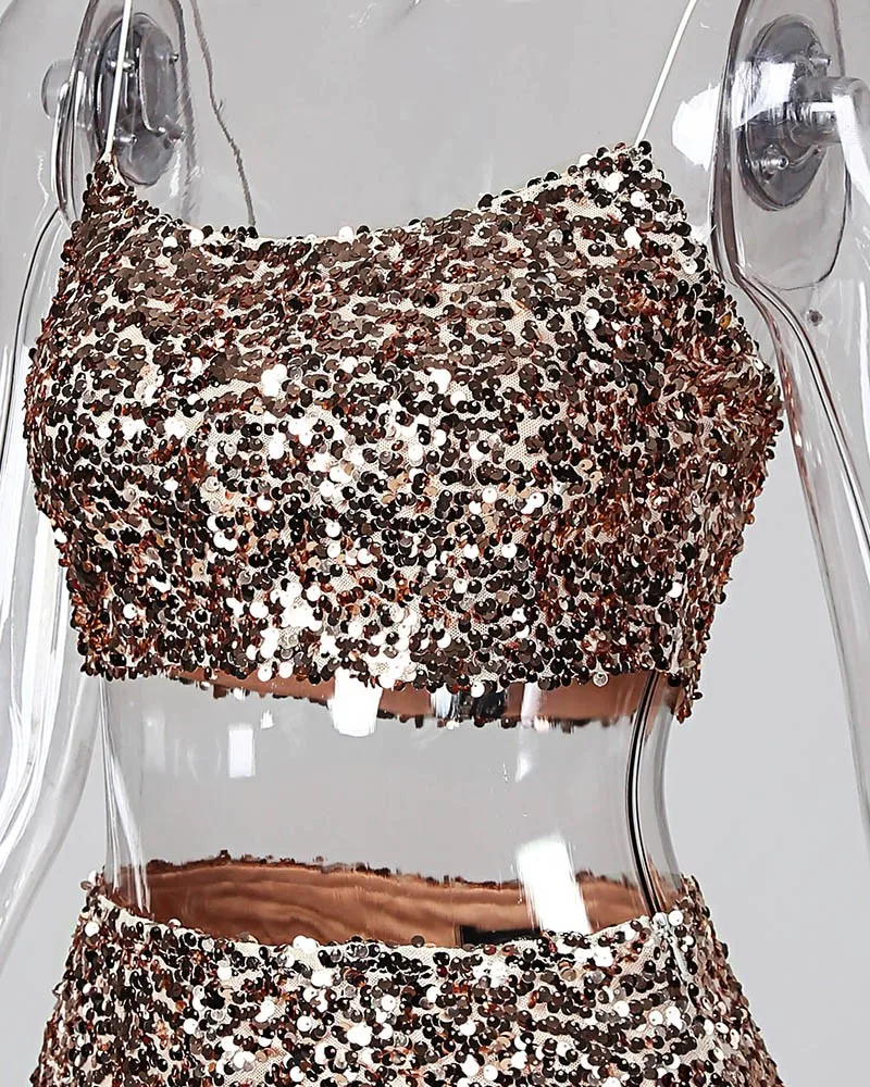 Sequins Spaghetti Strap Crop Top& Slinky Skirt Sets