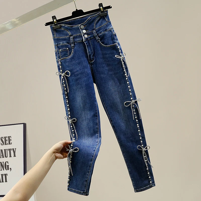 

High Waist Jeans for Women Beaded Diamond Bowknot Elastic Jeans Girls Lady Korean Style All-match Fashion Slim Blue Denim Pants