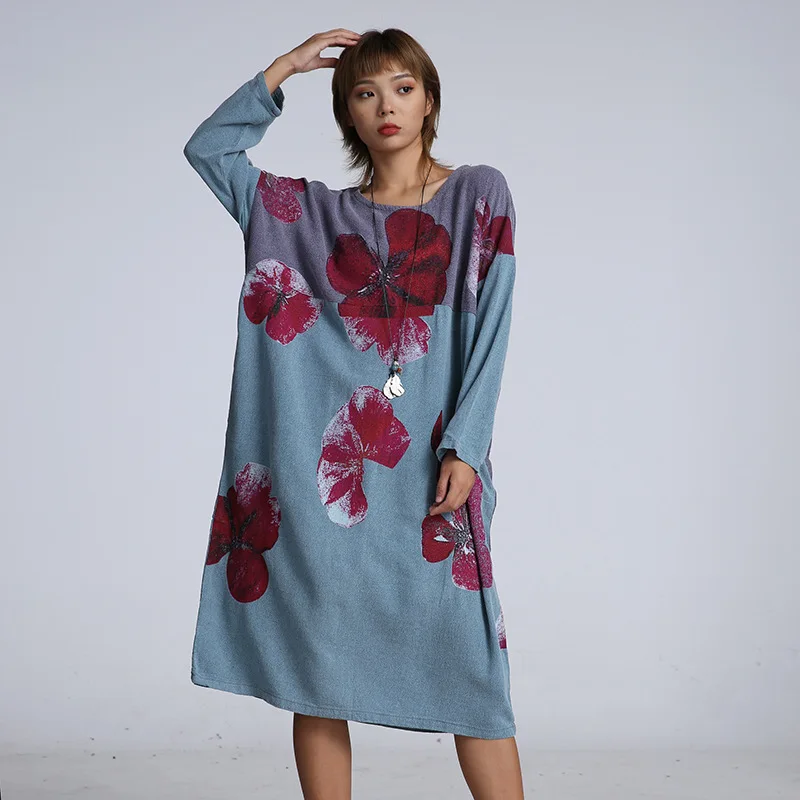 

March Produced New Style Literature And Art Contrast Color Retro Printed Dress Loose And Plus-sized WOMEN'S Dress Cotton Linen D