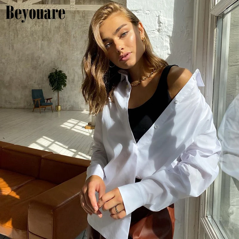 

Beyouare Casual Turn-down Collar Long Sleeve Button Women Shirt 2020 Autumn Elegant Office Lady Solid White Vintage Female Shirt