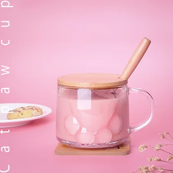 

Cute Cat Paw Cup Creative Crystal Transparency Glass with lid spoon mat Heat Resistant Household Breakfast Mug Juice Coffee Cups