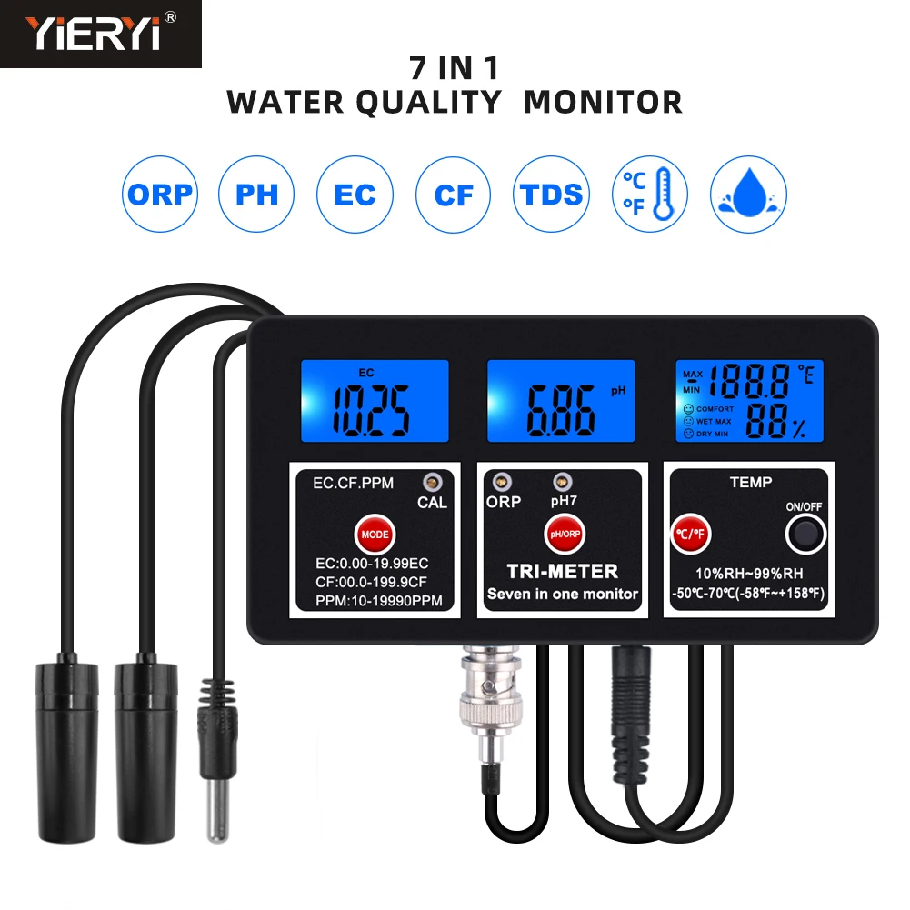 

7 in 1 PH EC TDS Temp ORP CF Meter Multi-parameter Water Quality Monitor Online Acidometer US/EU Plug for Aquarium Swimming Pool