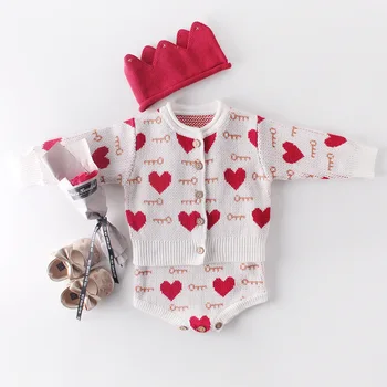 

Ins Newborn Baby Knit Rompers Infant Girls Cardigan Sweater Coat Baby Girls Clothes Autumn Love Pattern Knitted Jumpsuit Clothes