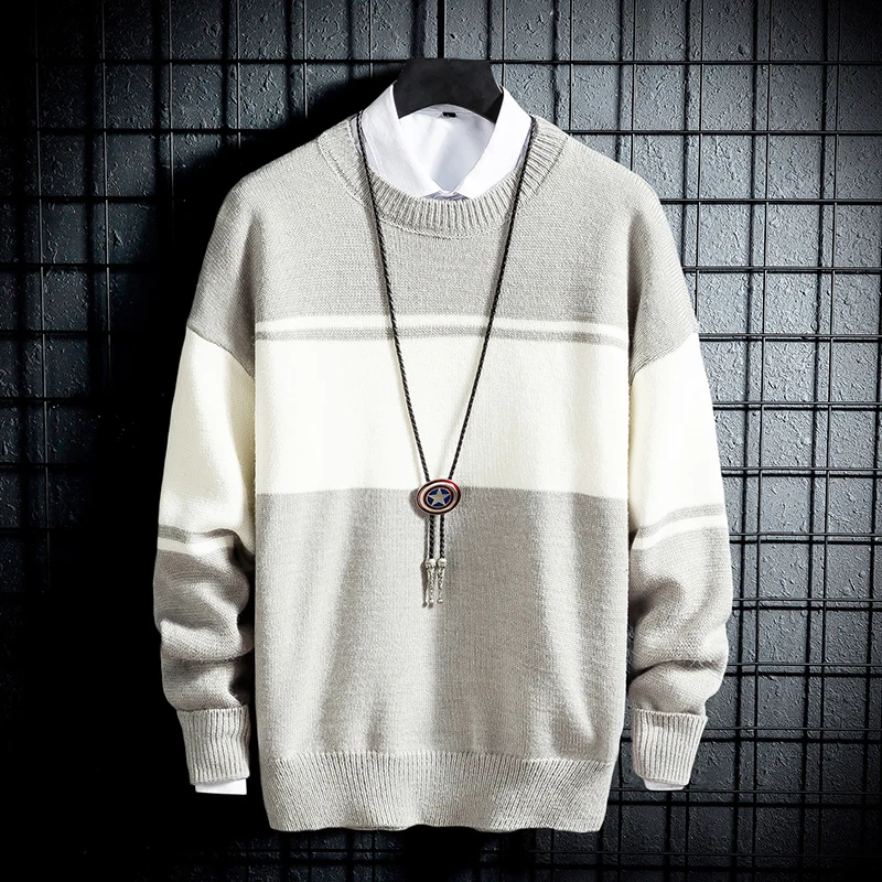 

YUECHEN Autumn And Winter Men's New Youth Round Neck Contrast Color Sweater Slim Soft Micro-elastic Acrylic M-3XL