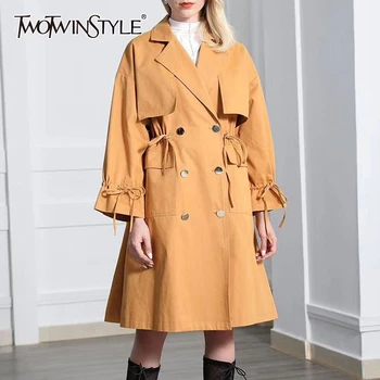

TWOTWINSTYLE Drawstring Womens Windbreaker Lapel Collar Flare Sleeve Double Breasted A Line Trench Coats Female 2020 Fashion New