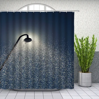 Modern Simple Shower Curtains Shower Head Water Splash Blue Background Bathroom Decor Home Bath Polyester Fabric Curtain Set Leather Bag