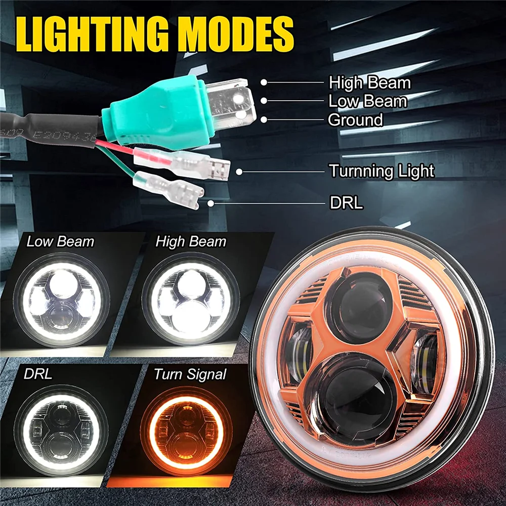 Motorcycle 7inch LED Headlight 7" H4 LED DRL Halo Ring Amber Turn Signal Headlam