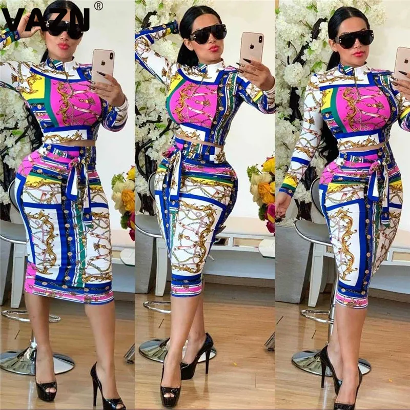 VAZN OJS9167 белый модный элегантный Drees Повседневный Женский комплект из 2 предметов с принтом Топ с длинным рукавом и круглым вырезом Платье До Колена Женский комплект