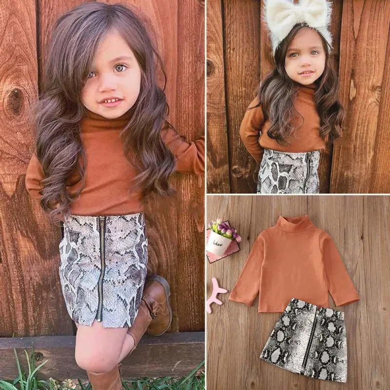 

1-6T 2Pcs Toddler Kids Baby Girls Casual Clothes High Neck T-shirt Tops+Snake Print Skirt Children Girl Clothes Set Outfits