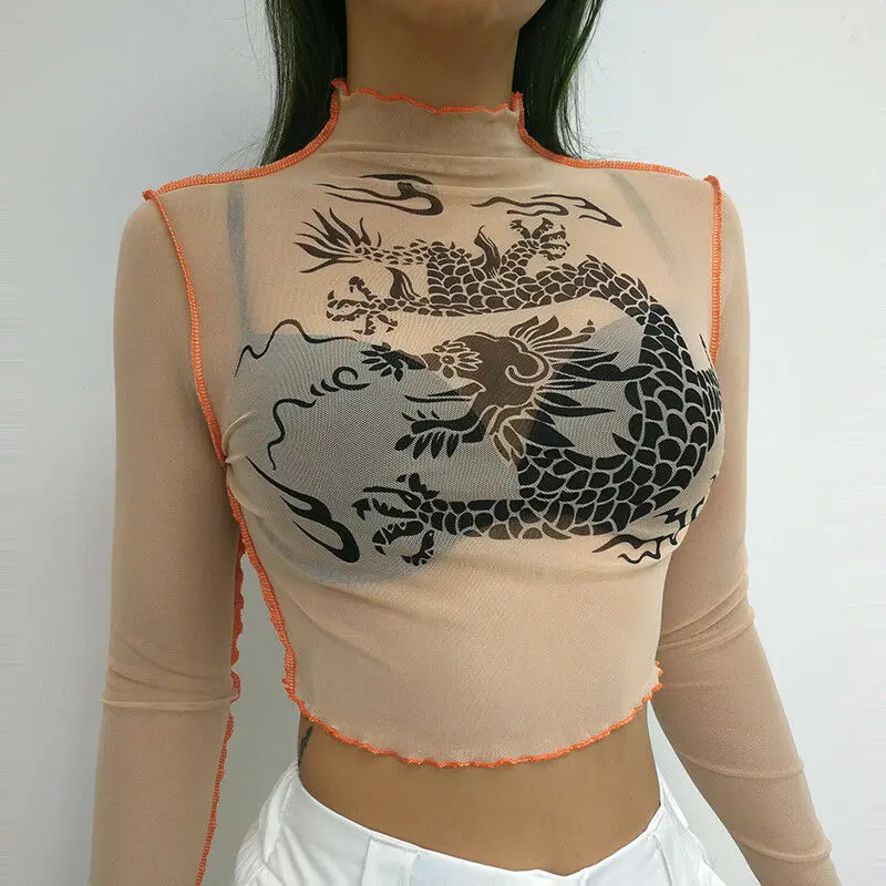 

Women's Mesh Clubwear Long Sleeve Casual T-shirt Ladies Party Casual Dragon Top