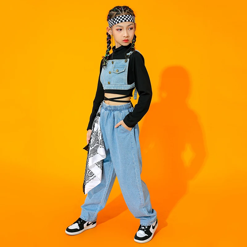 Jazz Costume Girls Hip Hop Clothes Denim Long Sleeves Performance Outfit Modern Street Dance Clothing Kids Rave Clothes BL7230