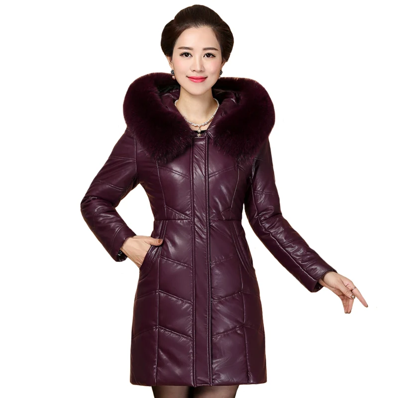 

Large Size 7XL 8XL Women Parka Winter Leather Jacket Plus Size Fashion Fur Collar Hooded Outerwear Leather Coat Female Jacket