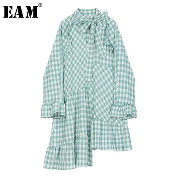 

[EAM] Women Green Plaid Ruffles Asymmetrical Shirt Dress New Lapel Long Sleeve Loose Fit Fashion Tide Spring Autumn 2020 1S366