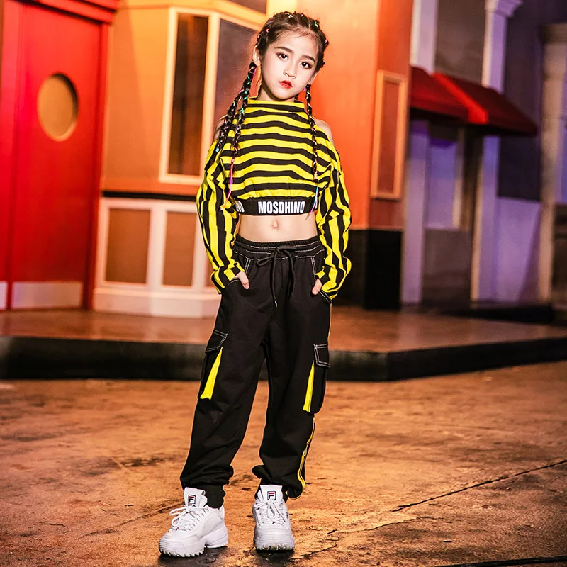 Одежда в стиле хип-хоп детские осенние черные штаны в стиле хип-хоп топы в желтую полоску, одежда для уличных танцев костюм для выступлений для девочек в стиле джаз, VDB1095