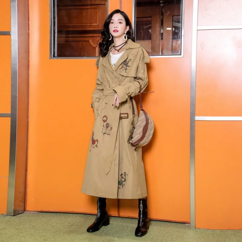 

Obrix Trendy Pattern Casual Female Trench V-Neck Full Sleeve Double Breasted Belt Pockets Trench For Women