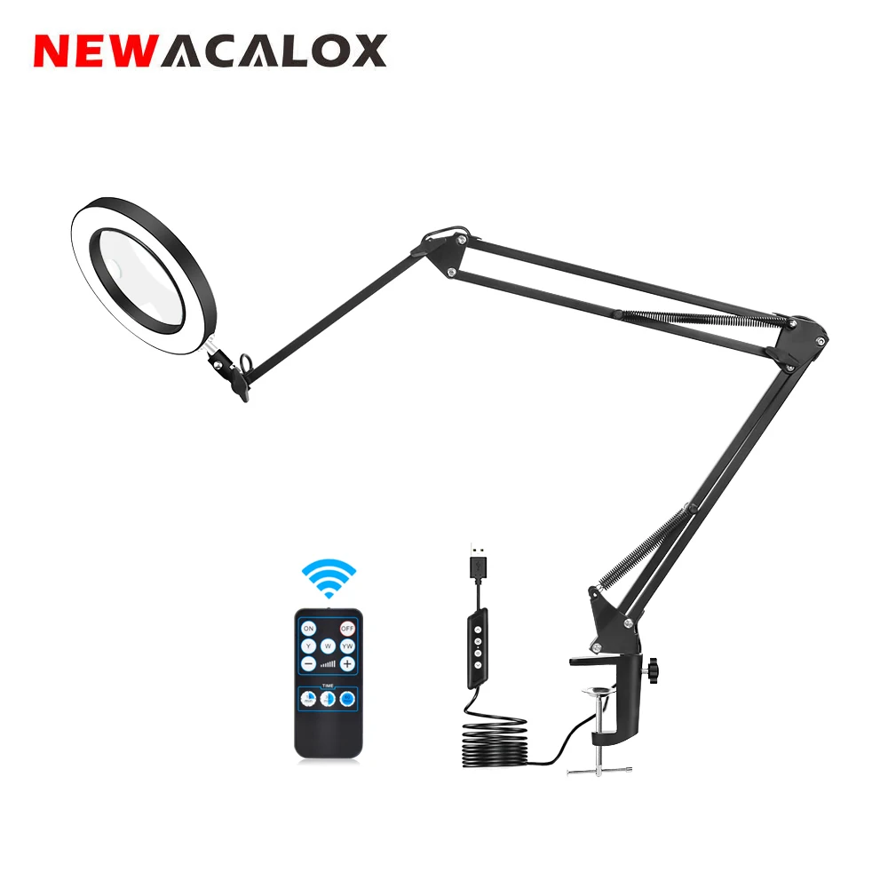 

NEWACALOX Wireless Remote Control LED Lamp 5X/10X Magnifier 3 Dimming Modes Light USB Power Supply for Welding Beauty Reading