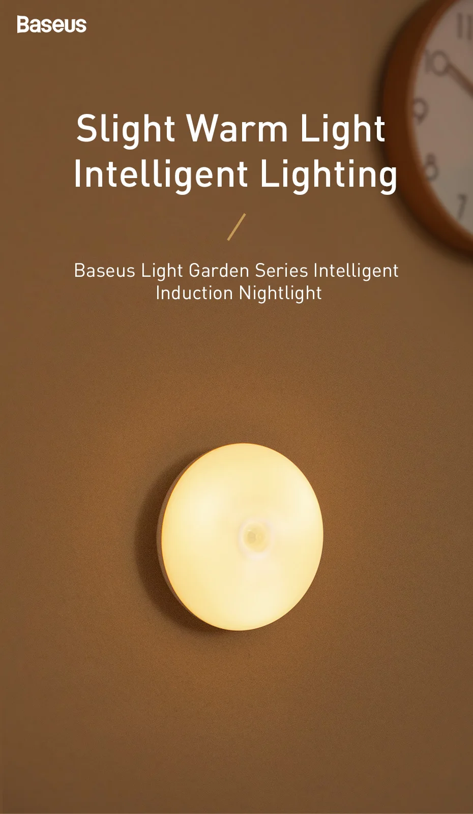 Светодиодный ночник Baseus с датчиком движения PIR, индукционный настенный светильник для кухни, шкаф для спальни, сенсорный светильник, ночник