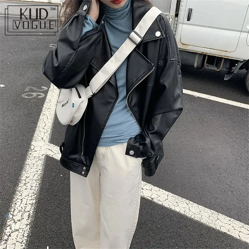 astounding  Spring Black Faux Pu Leather Oversize Lapel Zipper Bomber Jacket For Women Locomotive Punk Outerwea