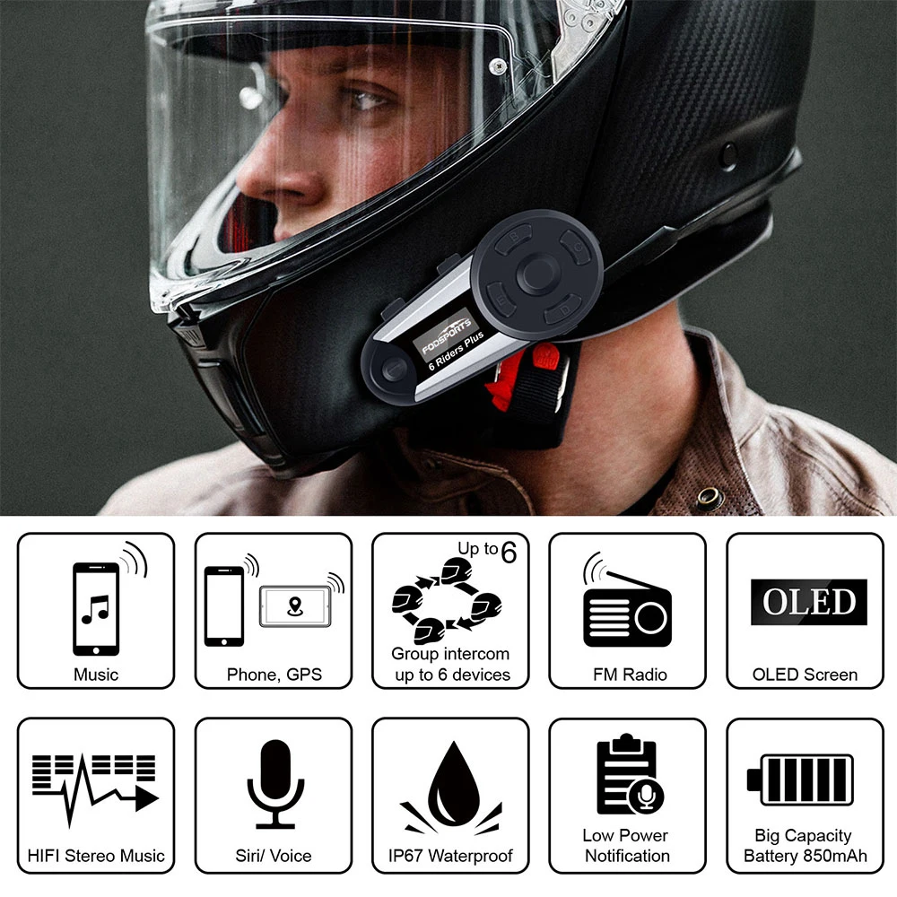 V6 PLUS Motorcycle Bluetooth 4.1 Intercom Helmet Headsets Interphone OLED Screen 