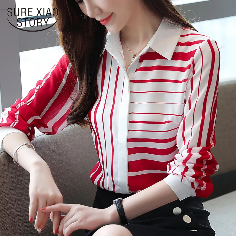  Femal Slim Shirts Striped Shirt Women 2019 Autumn New Korean Women Full Sleeve Shirts Turn-down Col