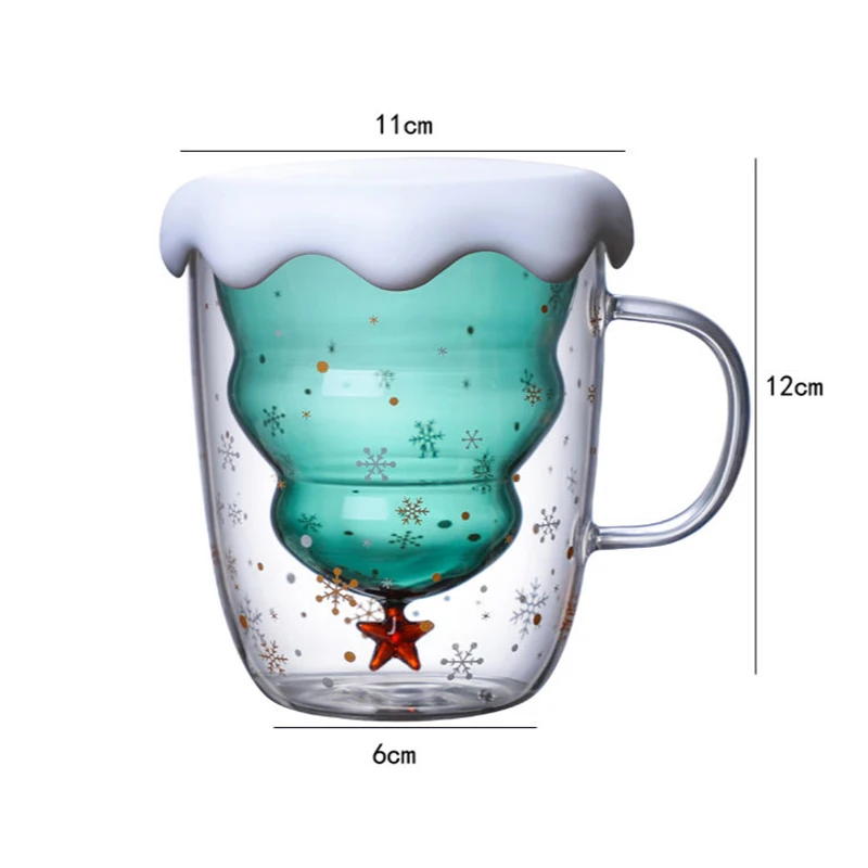 1pc Cute Double-layer Christmas Tree Shaped Glass Mug With Handle, Lid,  Ideal For Office, Home, Gift Giving
