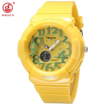 

OHSEN Dual time Electronic Children Women Sport Wristwatch Fashion Waterproof Kid Lady Watch Yellow silicone clocks reloj mujer