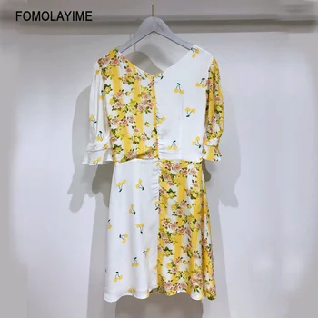 

High Quality Small Fresh Woman Dress Small Floral Print Patchwork Horn Sleeve Dress