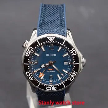 

Luxury Bliger 41mm blue dial luminous marks black ceramic bezel GMT function automatic movement men's wrist watches