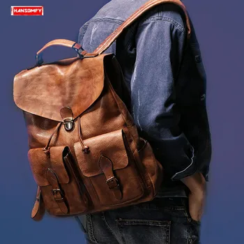 

New Men's Suede Leather Backpack Laptop Shoulder Bag Male Vintage Lock Travel Backpacks Retro Real Genuine Leather Cow Leather