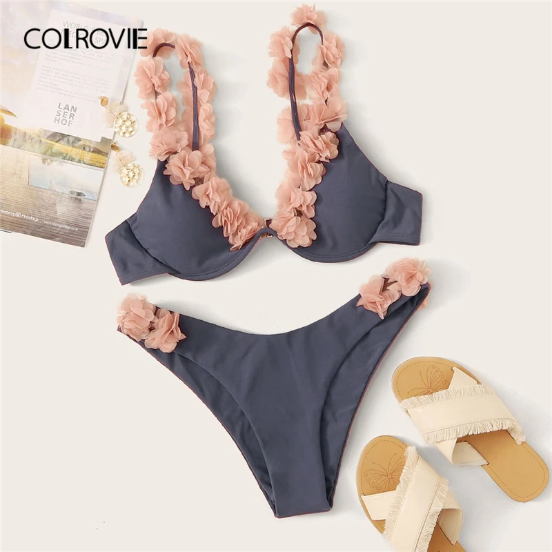 

COLROVIE Colorblock Flower Appliques Top With High Cut Bikini Set Women Wireless Bikini Set 2019 Summer Stretchy Beach Swimsuit