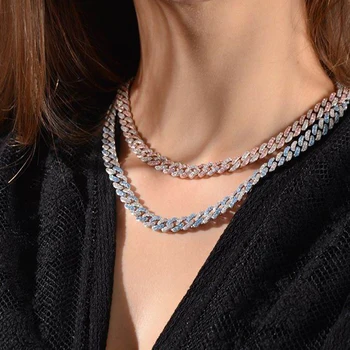 

2020 two tone Blue White cubic zirconia cz sparking bling Miami cuban link chain necklace iced out choker hip hop women jewelry
