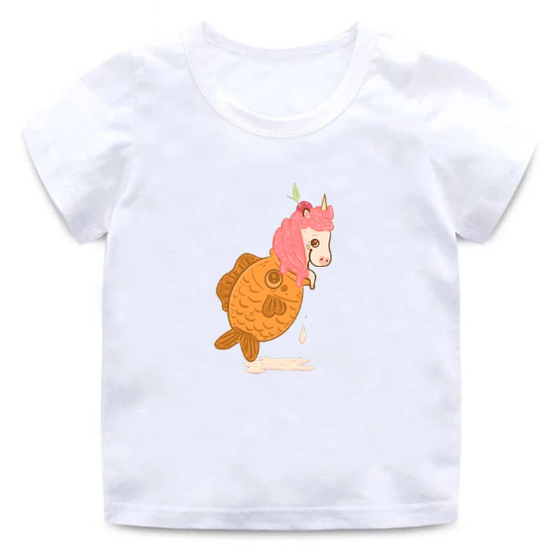 Детская футболка с короткими рукавами Kawaii/Летняя футболка для мальчиков с круглым вырезом с изображением единорога, щенка, мороженого, бутылочка для кошек футболка для девочек